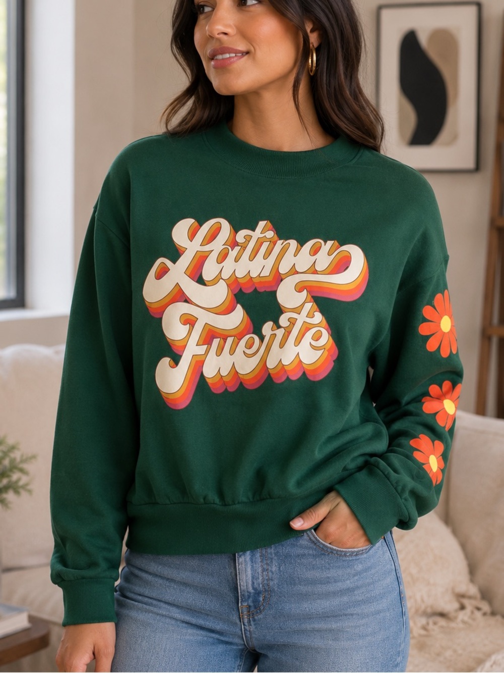 Latina Fuerte retro mod green floral daisy sleeve crew neck sweatshirt